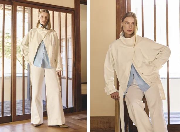 Conjunto de jaqueta funnel neck e pantalona off-white