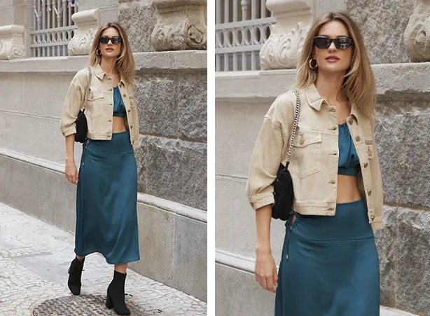 Look feminino em tom de azul petróleo