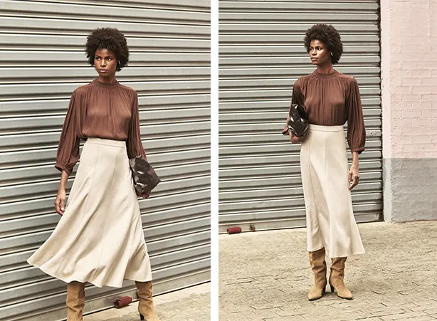 Modelos de saia midi acamurçados e blusa