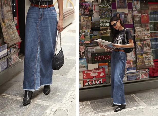 Look com saia jeans longa e camiseta