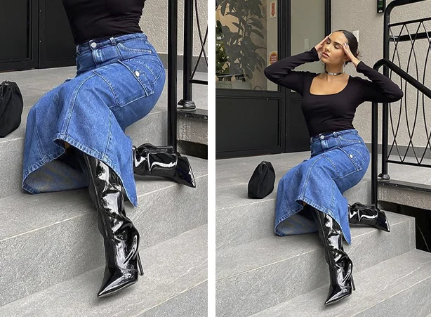 Visual de saia midi com bota cano longo