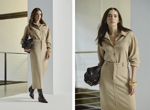 Conjunto feminino com camisa de suede e saia midi