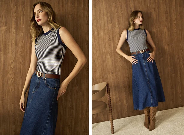Looks com saia midi jeans e bota