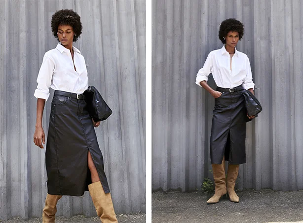 Looks femininos com camisa masculina e saia midi resinada