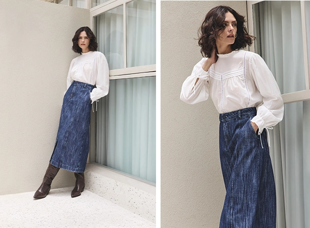 Look romântico com saia mídi jeans
