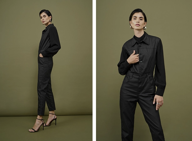 Looks all black com macacão e blusa de manga longa Looks all black com macacão e blusa de manga longa