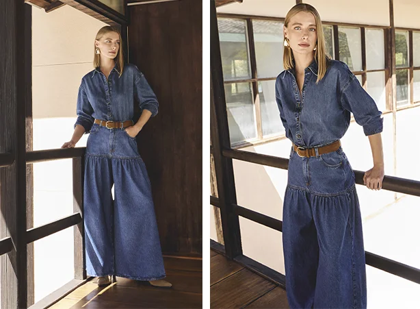 Look jeans com saia-calça Look jeans com saia-calça