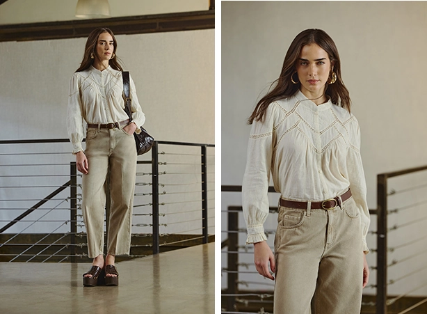 Look com calça tapered e blusa em gola padre