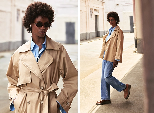 Sobreposição de camisa social e trench coat