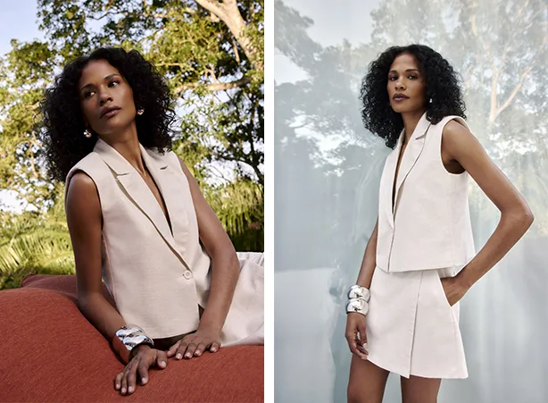 Look minimalista com colete e short-saia em off-white Look minimalista com colete e short-saia em off-white