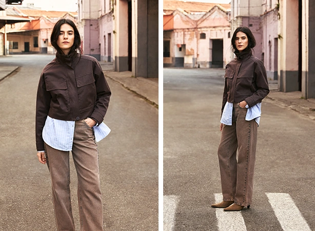 Look com calça jeans reta e jaqueta em marrom-escuro