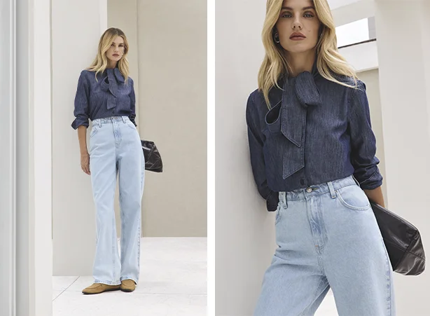 Look jeans com camisa e calça Look jeans com camisa e calça