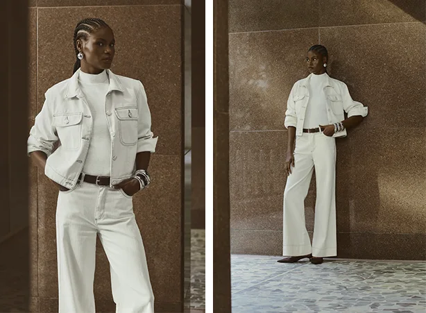 Look branco com pantalona em sarja Look branco com pantalona em sarja